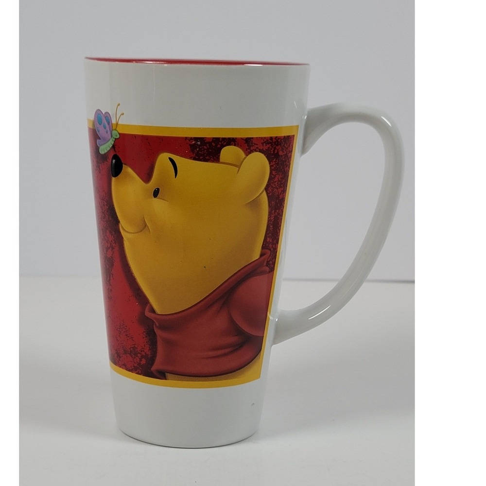 Disney Store Winnie the Pooh Tall Latte Mug Red White Ceramic Butterfly Coffee